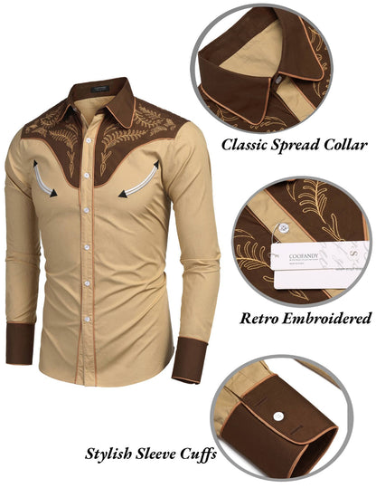 COOFANDY Men's Western Cowboy Shirt Embroidered Button Down Long Sleeve Shirts