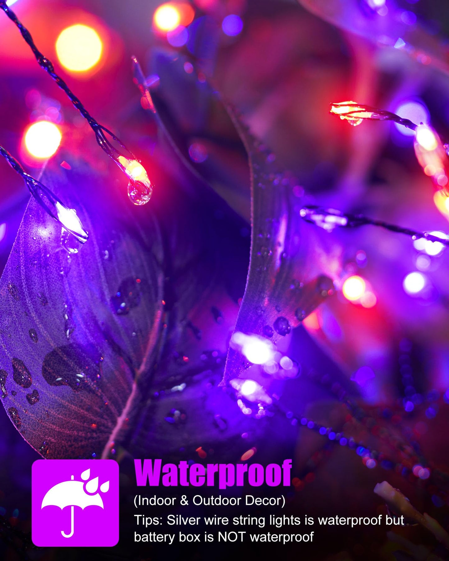 Fairy Lights Battery Operated, Twinkle String Lights Waterproof Silver Wire 5 Feet 60 Led Firecracker Starry Lights for DIY Wreath Party Bedroom Mason Jar Indoor Halloween Decoration, Orange & Purple