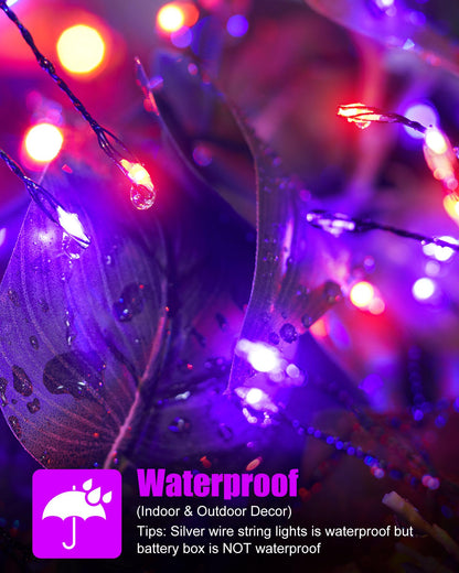 Fairy Lights Battery Operated, Twinkle String Lights Waterproof Silver Wire 5 Feet 60 Led Firecracker Starry Lights for DIY Wreath Party Bedroom Mason Jar Indoor Halloween Decoration, Orange & Purple
