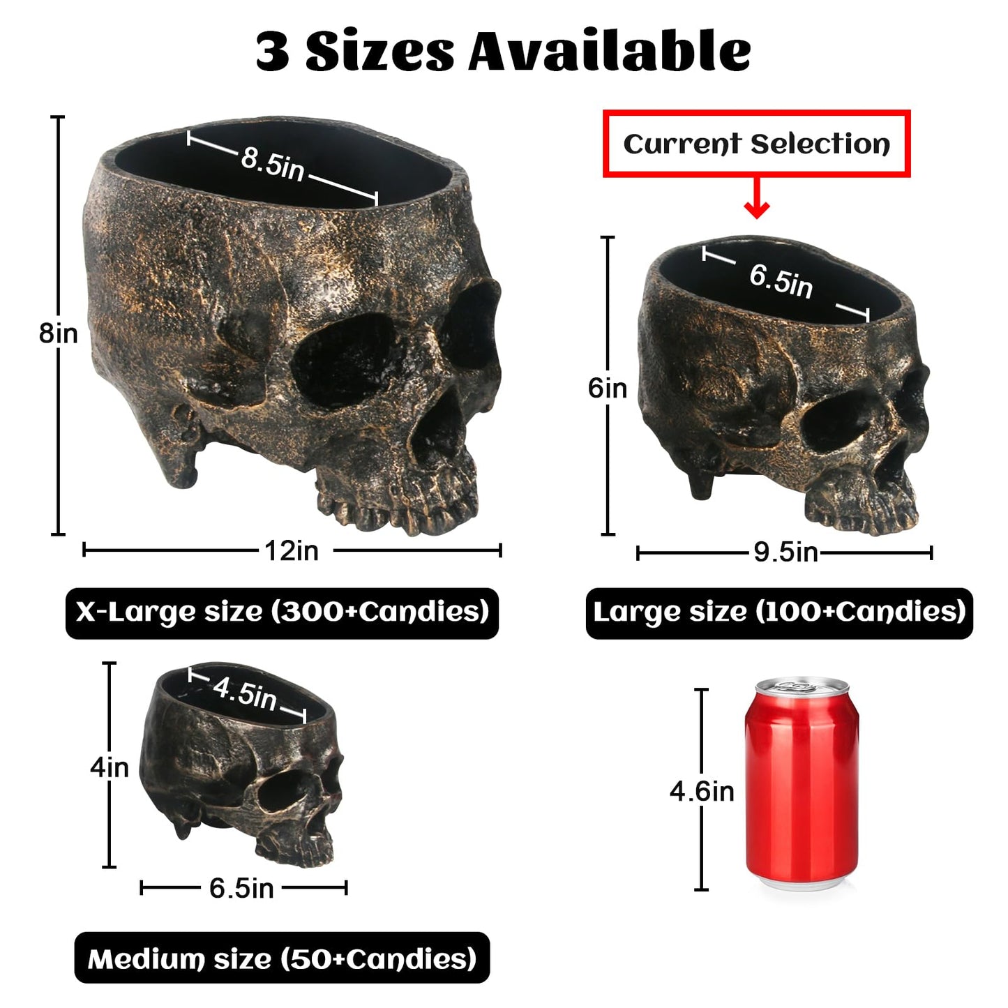 GameXcel Halloween Skull Candy Dish - Large Skull Candy Bowl for Trick or Treat - Skeleton Head Treat Container Planter or Desktop Halloween Decor - Bronze Resin