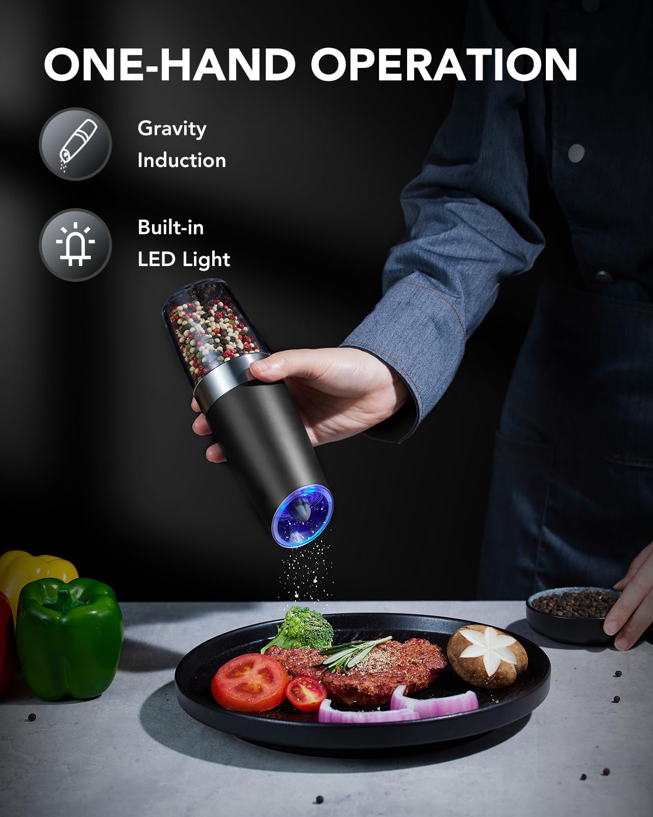 FORLIM Gravity Electric Salt and Pepper Grinder Set, Automatic Pepper Grinder Shakers Mill, Upgraded Batteries Powered Adjustable Coarseness with LED, One Hand Operation Perfect for Kitchen(Black)