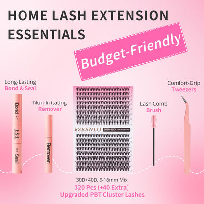 ESEENLO Lash Extension Kit, 320pcs DIY Eyelash Extension Kit 9-16mm Mix, 30D 40D Curl Individual Lash Clusters with Bond, Seal, Remover and Tweezers