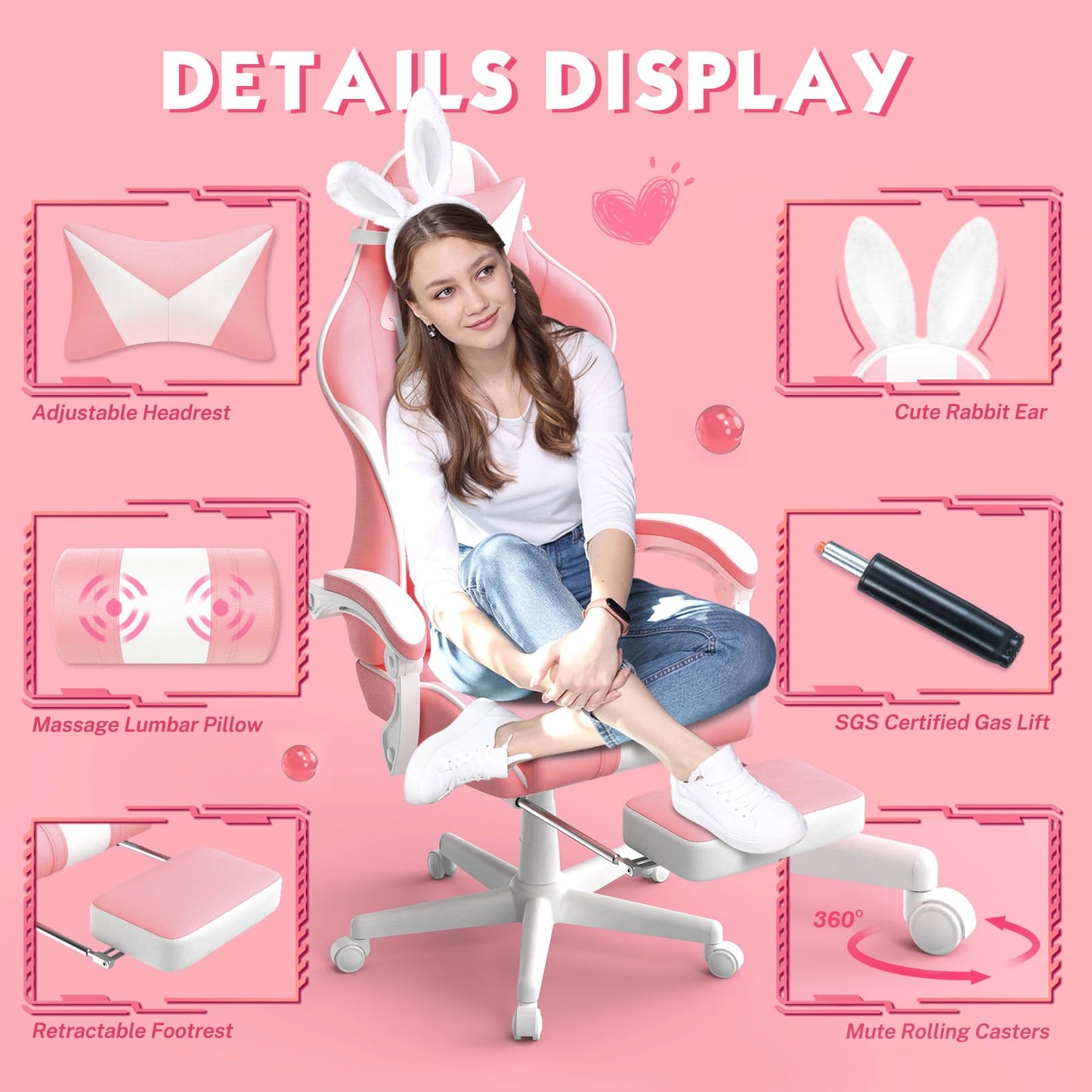 Ferghana Kawaii Pink Gaming Chair with Bunny Ears, Ergonomic Cute Gamer Chair with Footrest and Massage, Racing Reclining Leather Office Computer Game Chair 250lbs for Girls Adults Teens Kids