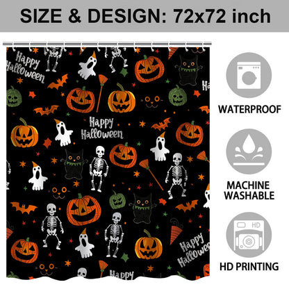 Cnayuep Halloween Shower Curtain, Black Fall Shower Curtains for Bathroom, Horror Skeleton Halloween Curtains Ghost Shower Curtain Set for Bathroom Decor, Waterproof Bathroom Curtain 72"X72"