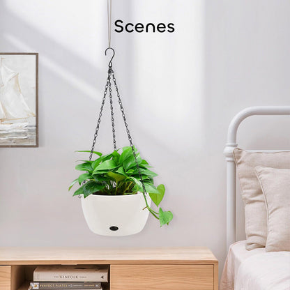 GROWNEER 2 Packs 9.4 Inches Plastic Hanging Planter Self Watering Basket with 6 Pcs Hooks, Hanging Flower Pot with Detachable Base for Garden Indoor Outdoor Home Decoration (White-9.4inch)