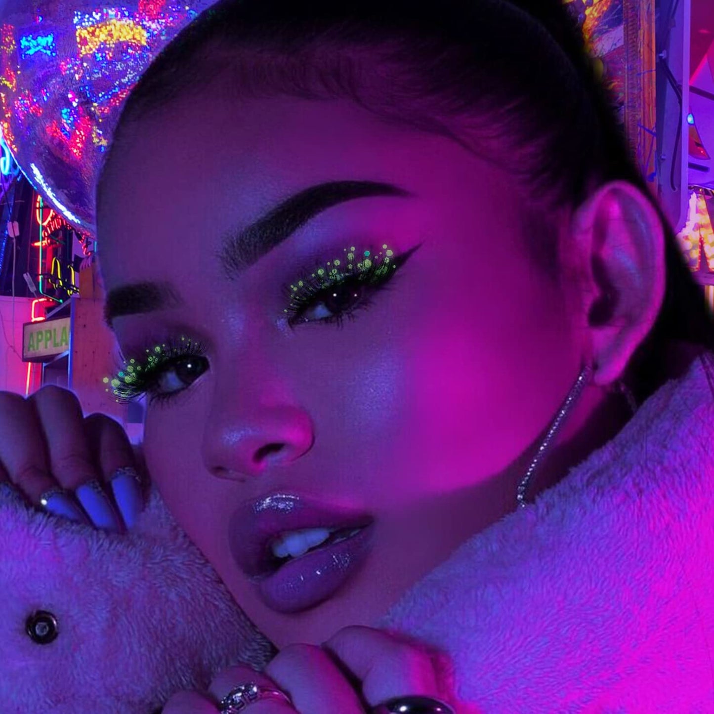 Glitter Lashes Dramatic False Eyelashes with Shinny Glitter Decorative Colored Lashes Glow in the Dark Faux Mink Eyelahses Cat Eye Strip Lashes Pack 7 Pairs