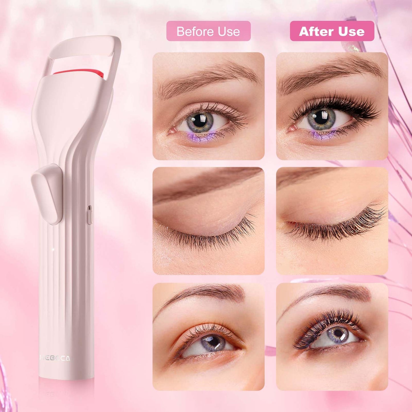 HEBECA Heated Eyelash Curlers, Electric Lash Curler with Innovative Heating Silicone Pad for Lifted Lashes 24 Hours,Quick Rechargeable 600mAh Battery EC2001 (Pink)