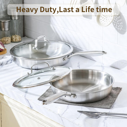 DELARLO Tri-Ply Stainless Steel Pan, 12 inch Frying Pan with Lid, Compatible with All Cooktops Up to 600℉, Fast & Even Heat, Skillet, Induction Cookware, Cooking Pan, Stir Fry Pan, Dishwasher Safe