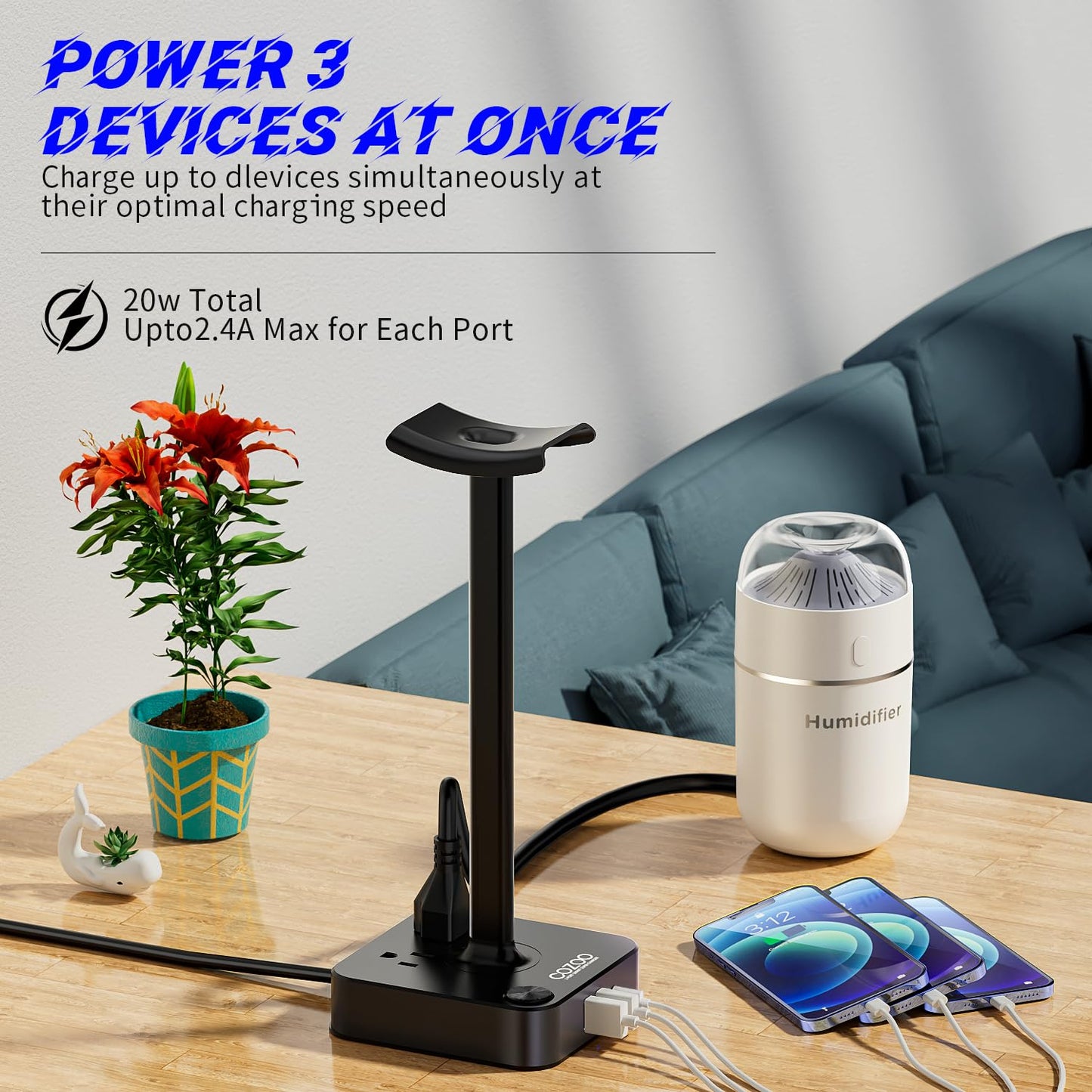 COZOO Headphone Stand with USB Charger Desktop Gaming Headset Holder Hanger with 3 USB Charging Station and 2 Outlets Power Strip,Suitable for Gaming, DJ,Wireless Earphone Display, Gamer Gifts for Men