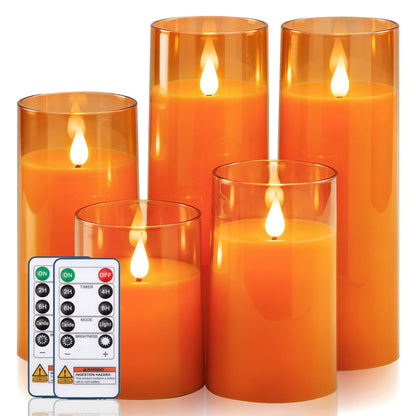 Homemory Halloween Orange Flameless Candles, Battery Operated LED Candles with Remote and Timer, Candles for Halloween Decoration, Fall, Harvest Festival, Set of 5