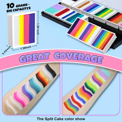 Drawdart Professional Face Painting Kit for Kids Adults, Rainbow Split Cake Face Paint Palette 12 x 10gm+ 4 Colors Pro Pressed Glitter Eyeshadow Palette, with Brushes Sponges Gems Stencils