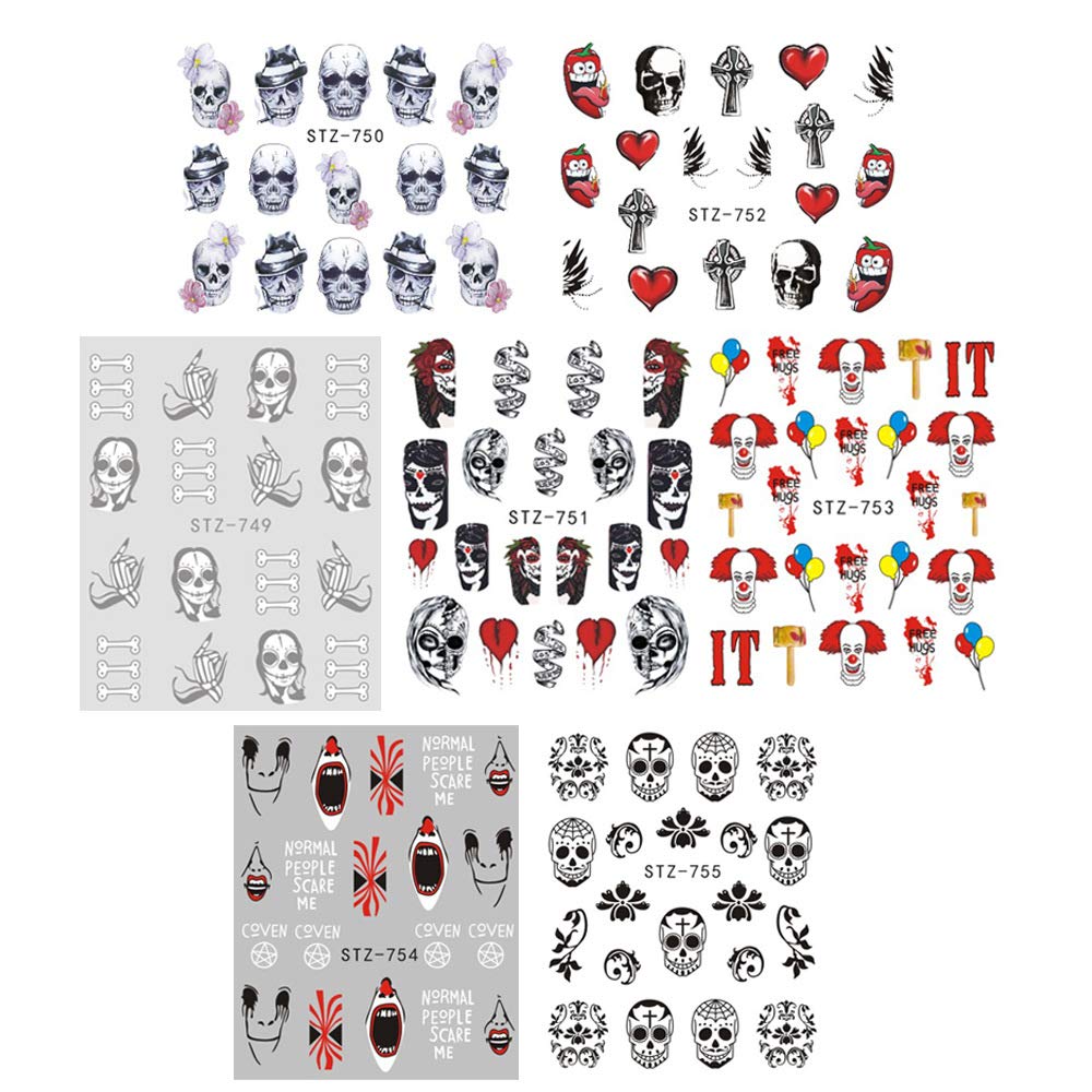 Halloween Nail Stickers - 24 Sheets Day of The Dead Water Transfer Nail Decals Ghost Spider Face Web Witch Skeleton Nail Art Stickers Wraps Manicure Tips Strips Decoration for Halloween Party Supply