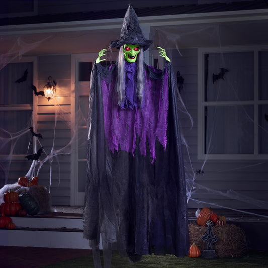 JOYIN 72” Halloween Hanging Witch Decorations Outdoor, Flying Ghost Decor Green Face Life Size Sound Activated Light Up Eyes Party Supplies for Garden Haunted House Front Porch Door Scary Modern