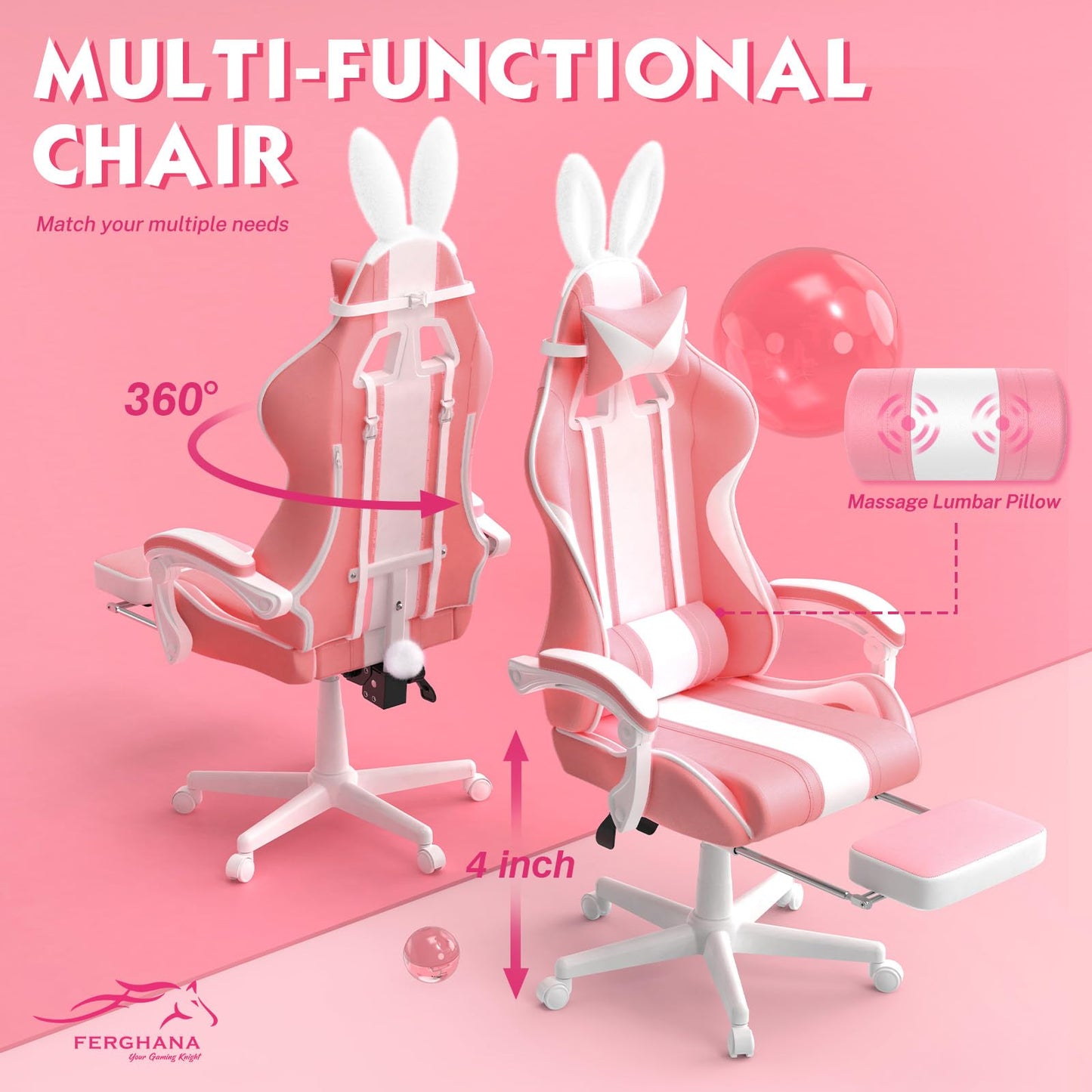 Ferghana Kawaii Pink Gaming Chair with Bunny Ears, Ergonomic Cute Gamer Chair with Footrest and Massage, Racing Reclining Leather Office Computer Game Chair 250lbs for Girls Adults Teens Kids