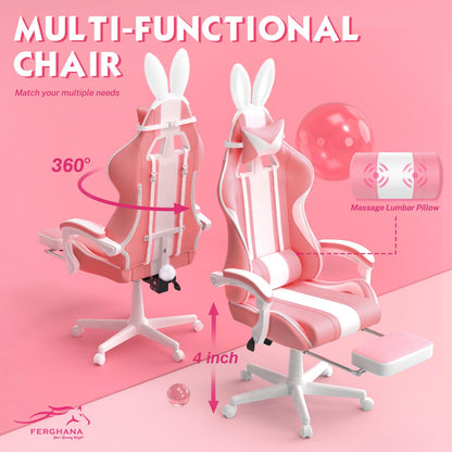 Ferghana Kawaii Pink Gaming Chair with Bunny Ears, Ergonomic Cute Gamer Chair with Footrest and Massage, Racing Reclining Leather Office Computer Game Chair 250lbs for Girls Adults Teens Kids