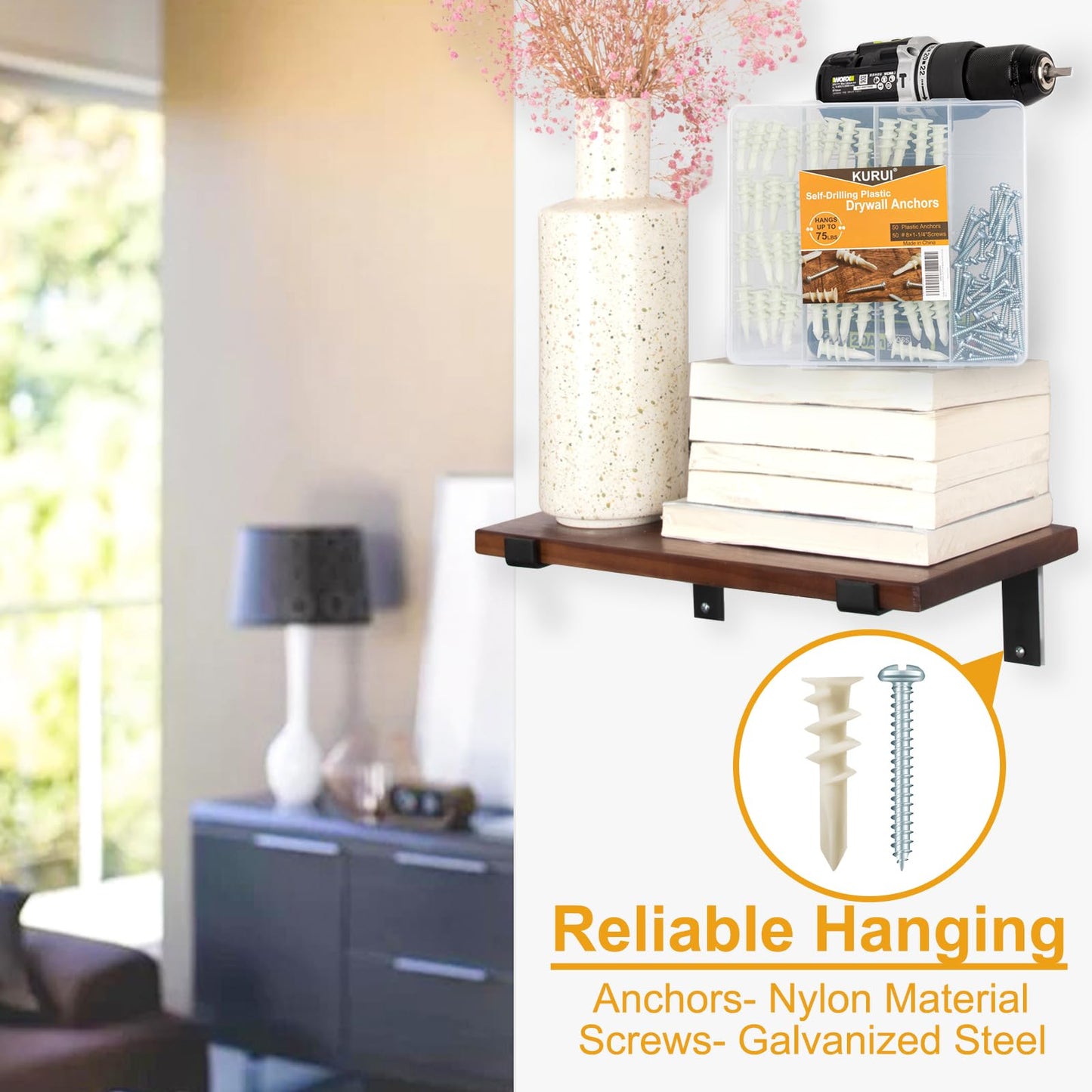 KURUI Wall Hanging Kit for Wall Art Decor Frame Curtain Rods, 140Pcs Heavy Duty Drywall Anchors Substitute Picture Hanging Nails, 70 Dry Wall Anchor and 70 8 x 1-1/4'' Screws, 75Lb Picture Hangers