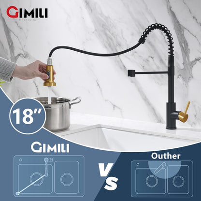 GIMILI Kitchen Faucet with Pull Down Sprayer Single Hole Stainless Steel Sink Faucet, Suitable for Farmhouses, RV, Laundry Room, Outdoor, and Campers. Llave para fregadero de cocina Black and Gold