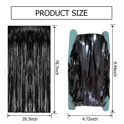2 Pack Black Party Streamers Backdrop Tinsel Foil Fringe Curtains Halloween Party Decorations Birthday Wednesday Twilight Party Decorations Graduation Wizard Party Supplies
