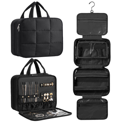 HBlife Travel Toiletry Bag with Jewelry Organizer for Women, Puffy Hanging Travel Bag for Toiletries with Trolley Belt, Waterproof Makeup Cosmetic Bag, Travel Accessories Essentials(Black, M)