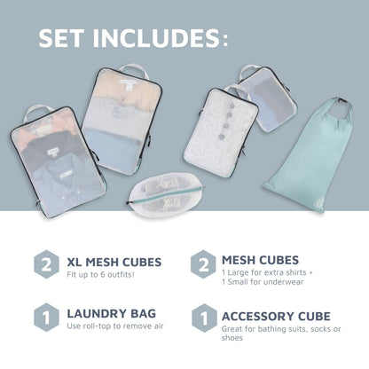Large Packing Cube Set with See Through Mesh- Compression Packing Cubes Travel Organizers by TRIPPED Travel Gear (Dusty Teal)
