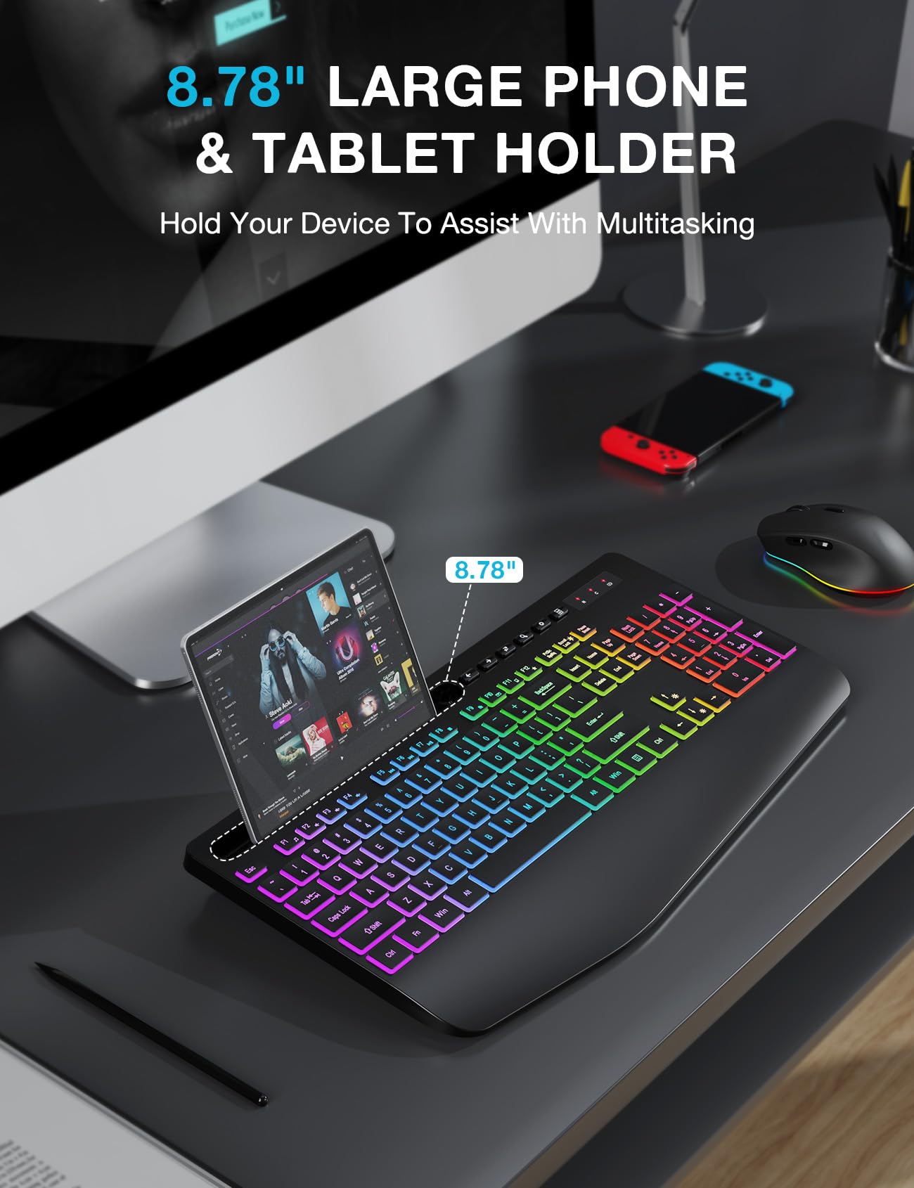 Wireless Keyboard and Mouse Combo, 9 Backlit Effects, Wrist Rest, Phone Holder, 2.4G Lag-Free Ergonomic Keyboards, Rechargeable Silent Cordless Set for Computer, Laptop, PC, Mac, Windows -SABLUTE