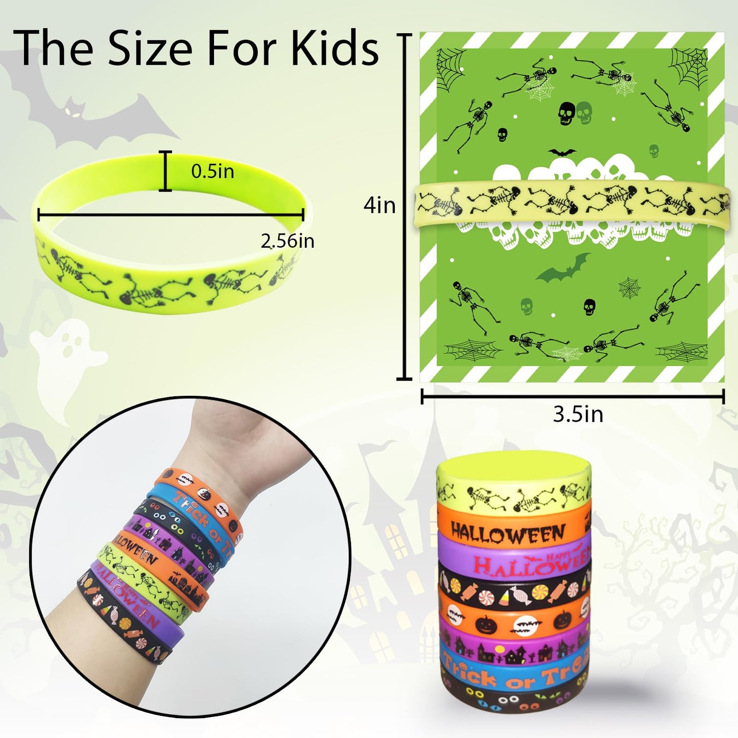 GuassLee Kids Halloween Party Favors - 40pcs Rubber Bracelets, Silicone Wristbands & Cards for Trick or Treat Gifts & Goodie Bag Fillers