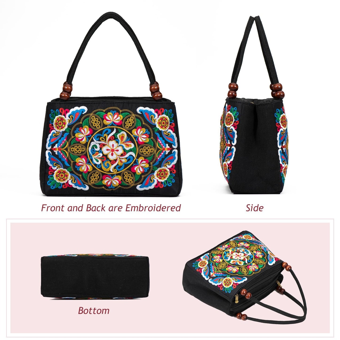 Jursccu Double-Sided Embroidery Totes Bag Travel Beach Bag Vintage Embroidery Ethnic Shoulder Bags