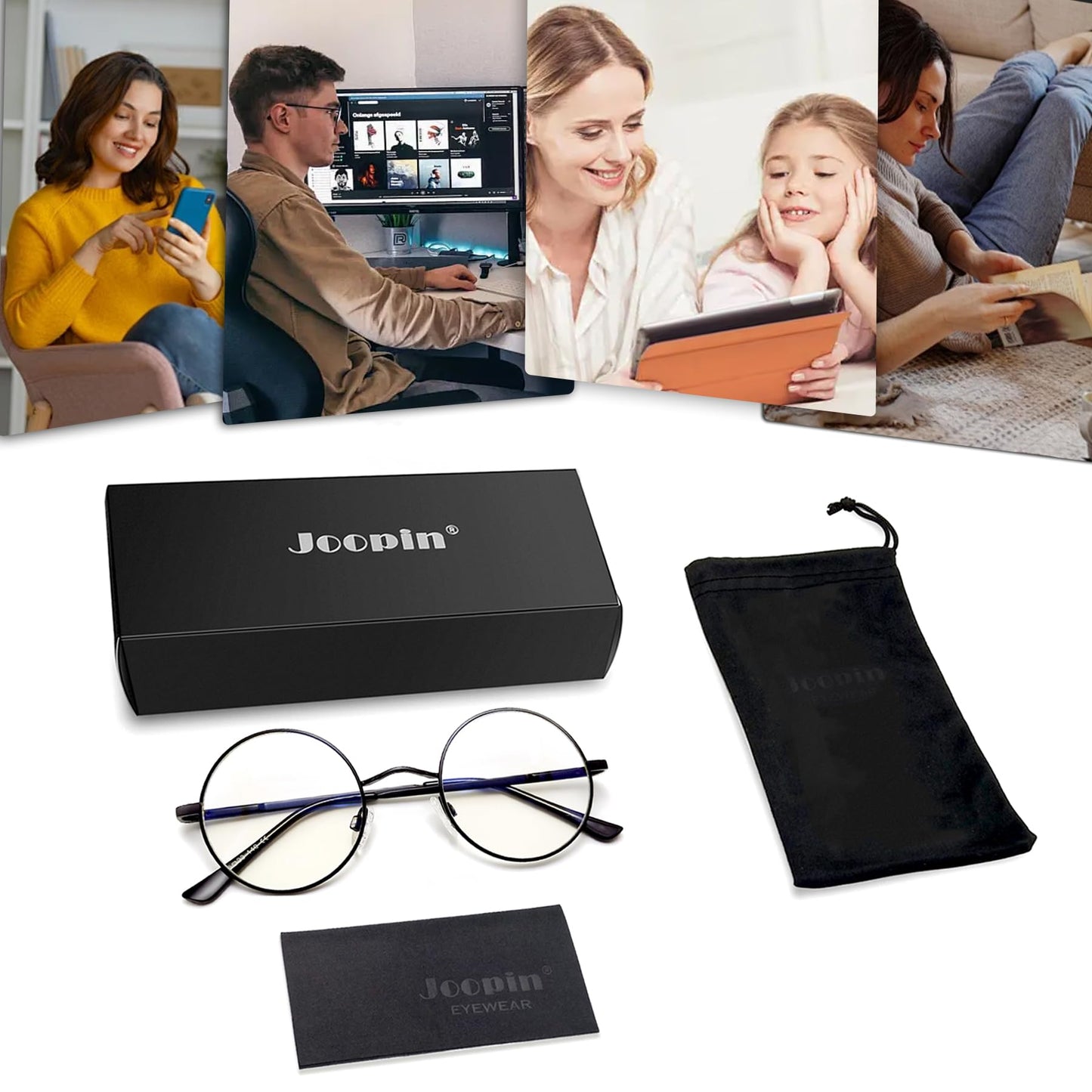 Joopin Round Blue Light Glasses Women Men, Metal Circle Blue Light Blocking Glasses Computer Gaming TV Clear Lens UV400 (Black)