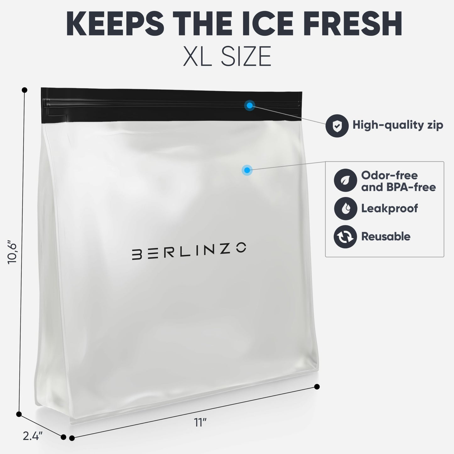 BERLINZO Large Reusable Ice Storage Bag - Freezer Safe Leak Proof Silicone and Plastic-Free Lunch Bag for Ice and Food Storage - BPA-Free XL Size