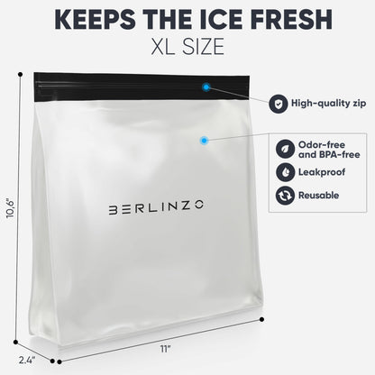 BERLINZO Large Reusable Ice Storage Bag - Freezer Safe Leak Proof Silicone and Plastic-Free Lunch Bag for Ice and Food Storage - BPA-Free XL Size