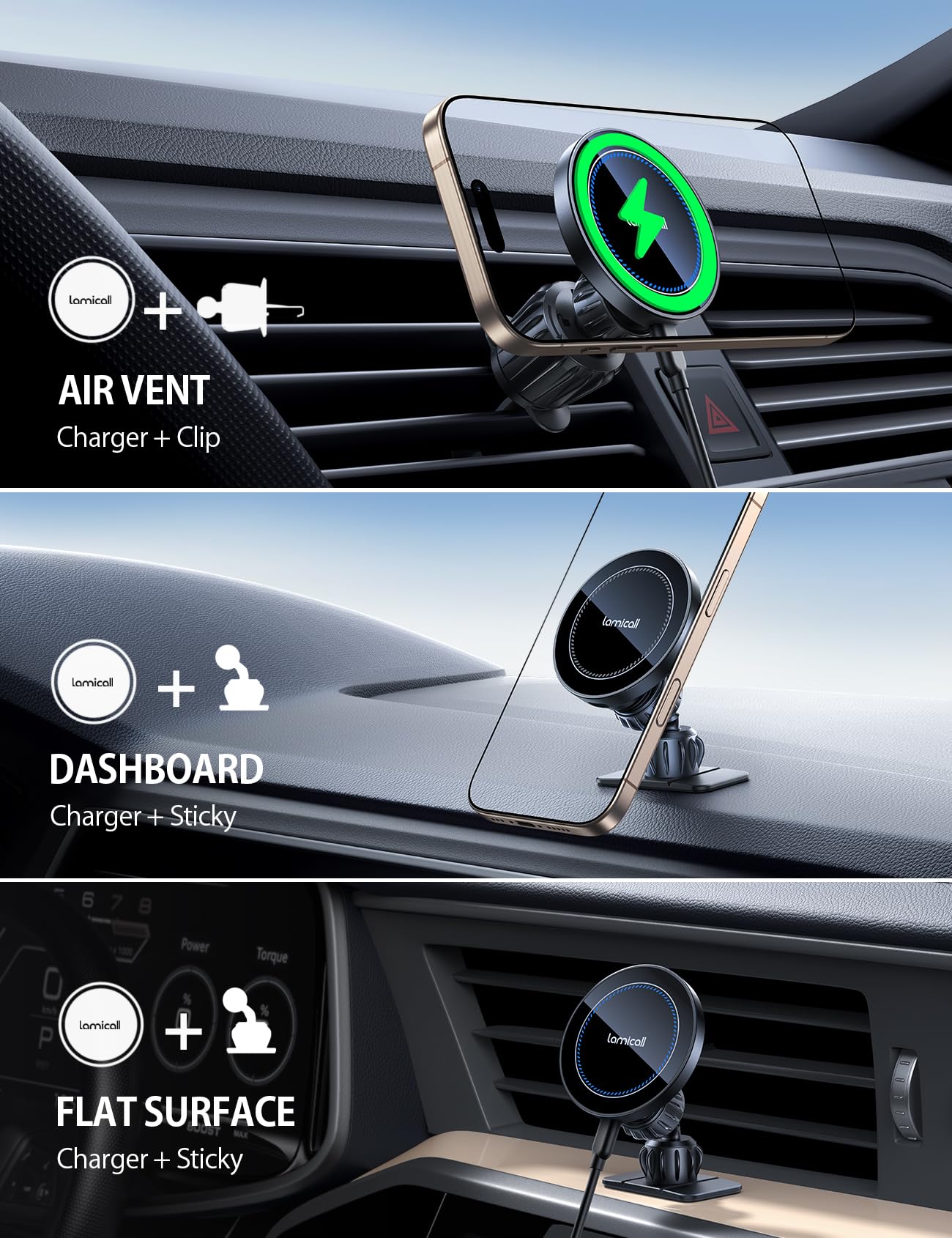 Lamicall 15W for Magsafe Car Mount Charger - [3-in-1 Upgraded Intelligent Chip] 360° Wireless Car Phone Holder Charger Vent Dashboard Magnetic Phone Holders for Your Car for iPhone 16 15 Pro Max
