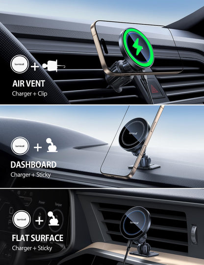 Lamicall 15W for Magsafe Car Mount Charger - [3-in-1 Upgraded Intelligent Chip] 360° Wireless Car Phone Holder Charger Vent Dashboard Magnetic Phone Holders for Your Car for iPhone 16 15 Pro Max