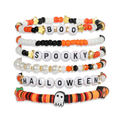 ecozran Halloween Stacked Heishi Bead Bracelet Set 6Pcs Stretch Elastic Pearl Colorful Letter Spooky Boo Halloween Holiday Party Gift for Women(Hallo-wmas-2)