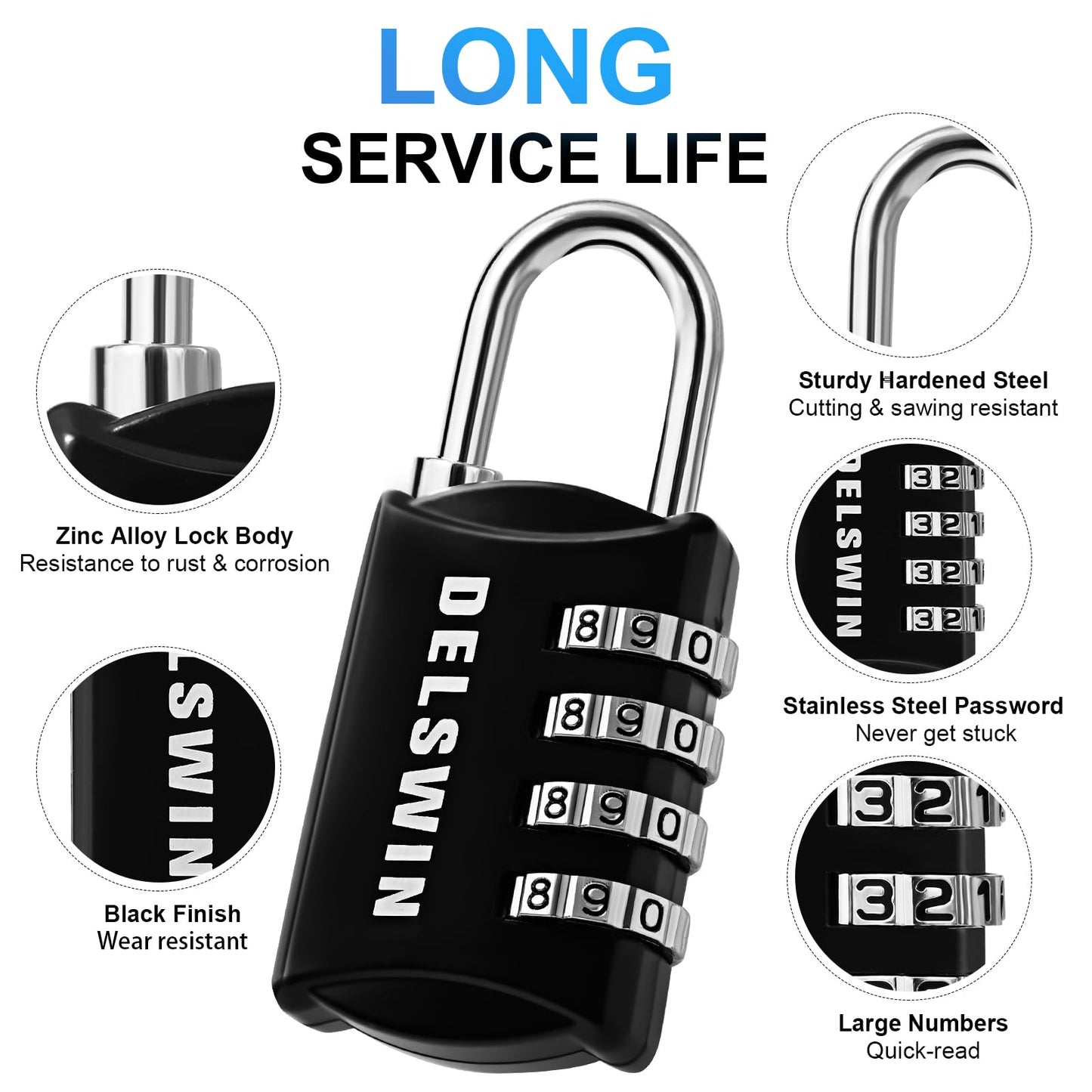 DELSWIN Small Combination Lock for Locker, 4-Digit Mini Combo Lock for Backpack and Luggage, Combination Padlock for School Gym Locker (Pack of 4)