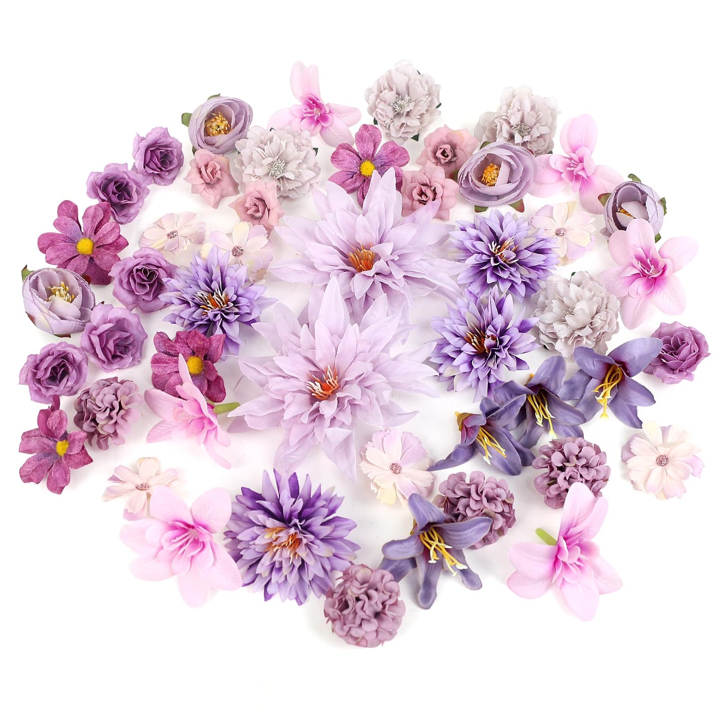 LACGO 48 PCS Artificial Flowers Heads, Fake Daisy Heads Bulk Silk Faux Rose DIY Cake Decor Blossom Garland Wreath Bouquets Crafts for Halloween Wedding Bridal Baby Shower Home Party Decoration(Purple)