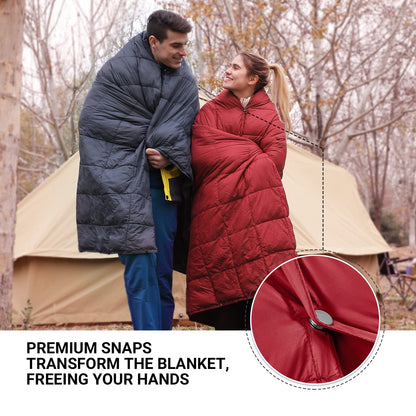 KingCamp Ultralight Camping Blanket, Packable Down Alternative Puffy Wearable Blankets Weatherproof Warm Package Quilt with Snap Buttons for Outdoor Hiking Travel Picnic Stadium (69"L x 53"W CRIMSON)