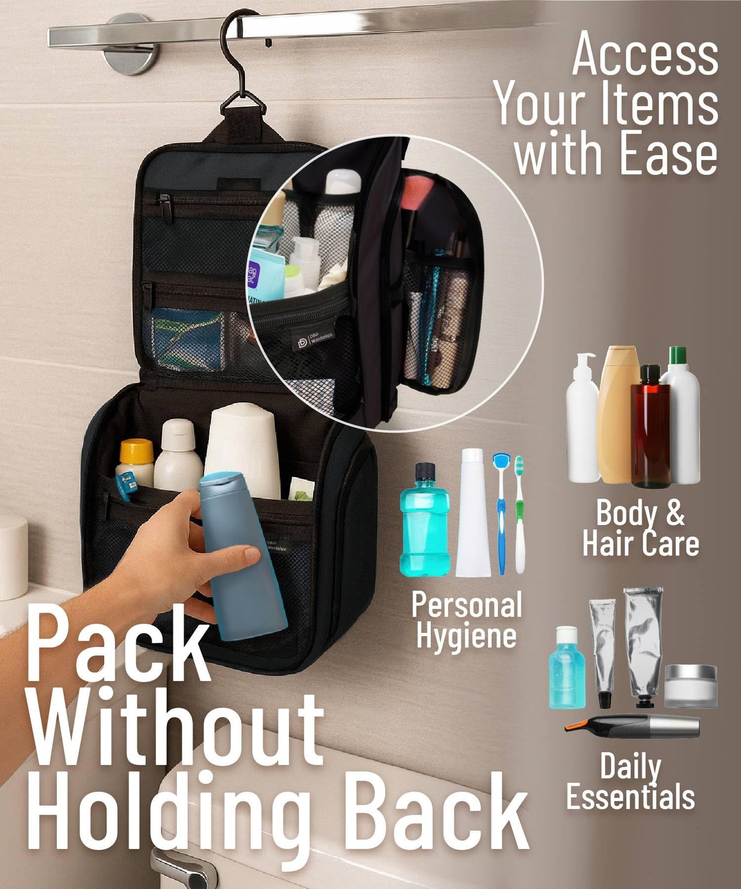 D&D Hanging Travel Toiletry Bag for Men and Women – Cosmetics, Makeup and Toiletries Organizer Kit with 10 Compartments, YKK Zippers, XXL Metal Swivel Hook, Water-Resistant Nylon