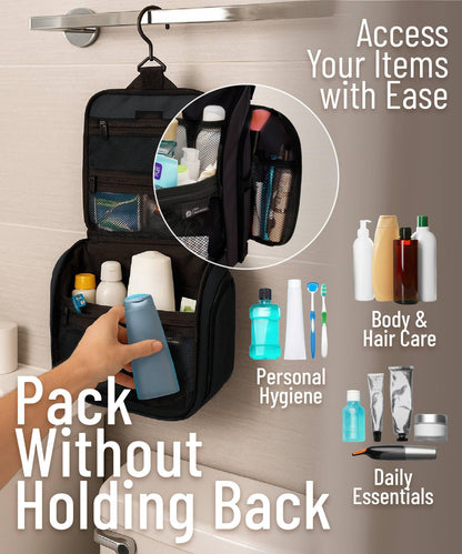 D&D Hanging Travel Toiletry Bag for Men and Women – Cosmetics, Makeup and Toiletries Organizer Kit with 10 Compartments, YKK Zippers, XXL Metal Swivel Hook, Water-Resistant Nylon