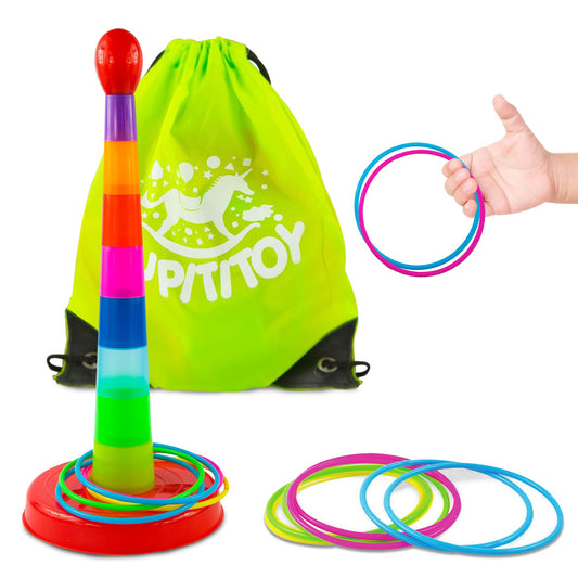 Cone Ring Toss Game for Kids with 8 Throwing Rings and Travel Bag, Colorful Tossing and Active Play Set, Quick Setup for Indoor and Outdoor Use, Heavy-Duty Plastic