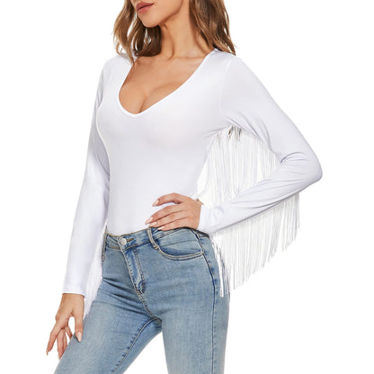 Komorebi Women's Fringe Trim V Neck Long Sleeve Bodysuit Top Cowgirl Outfits Disco Outfit Bodycon Leotard Fitted Stretchy Top White Small