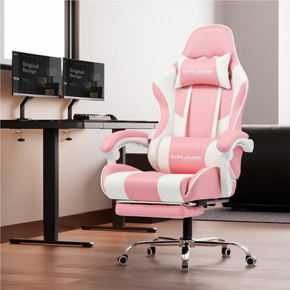 GTPLAYER Gaming Chair, Computer Chair with Footrest and Lumbar Support, Height Adjustable Game Chair with 360°-Swivel Seat and Headrest and for Office or Gaming (Faux Leather, Pink)