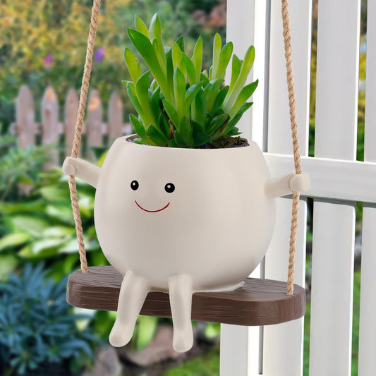 KIUGCO Glossy Swing Smiley Face Planter Pot Head, Small Hanging Planter for Indoor Outdoor Plants, Cute Hanging Flower Pot for String of Pearls Plant Live, Birthday Gifts