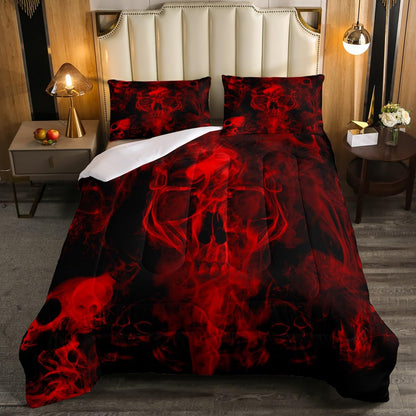 Gothic Skull Bedding Set Red and Black Skeleton Comforter Set Queen For Kids Boys Teen Men,Psychedelic Goth Skull Quilted Duvet Trippy Smoke Halloween Horror Down Comforter Bedroom Decor 2 Pillowcases