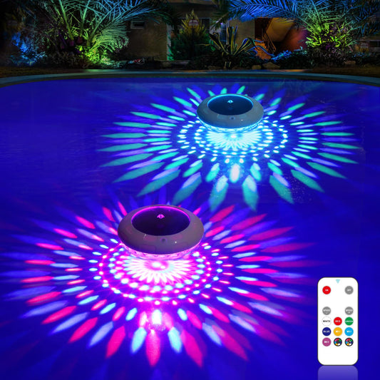 LENONE Floating Pool Lights w/Remote, 6.5 Inch RGB Color Changing Solar Pool Lights That Float with 9 Dynamic Lighting, IP68 Waterproof Hangable Solar Floating Light for Pool Garden Weeding Decor(2)