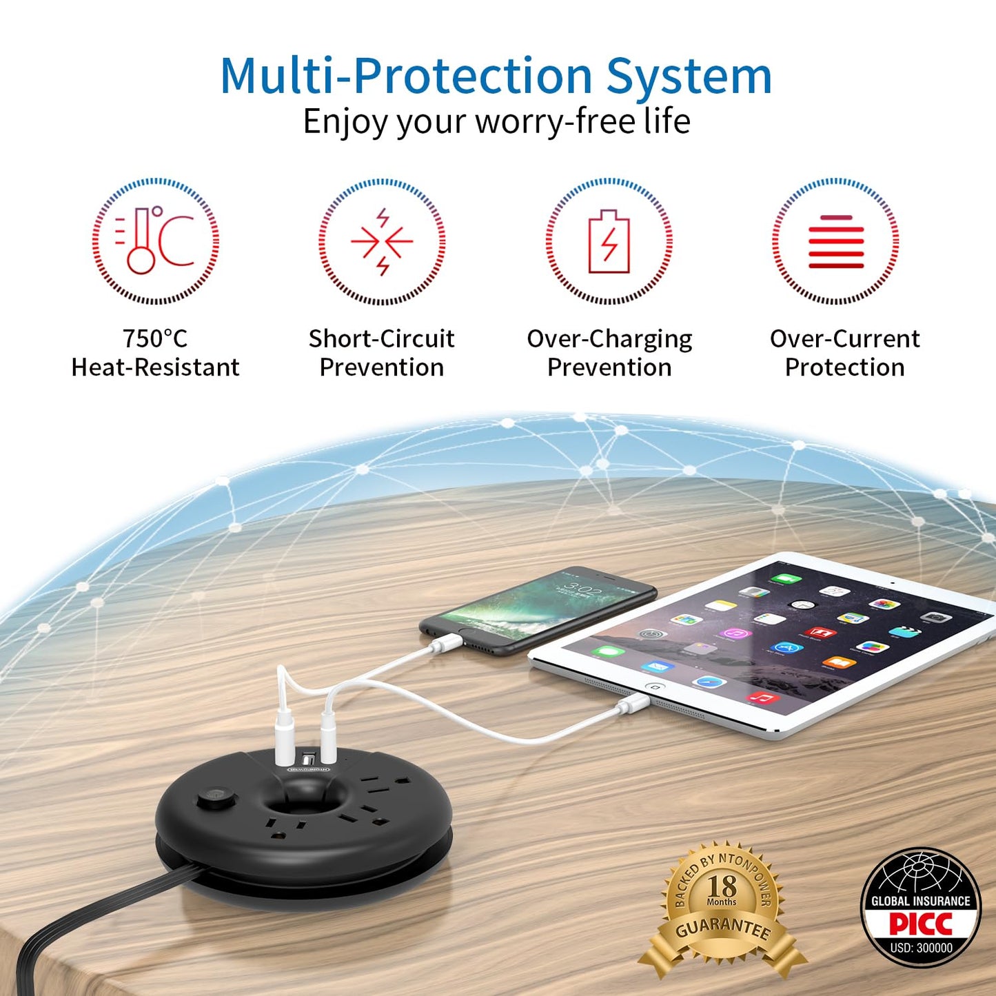 i Donut Travel Power Strip, NTONPOWER Portable Desktop Charging Station 3 USB Without Surge Protector Short Extension Cord 3.28ft Compact for Home, Office, Cruise Ships, Business Trip, Hotels, Black