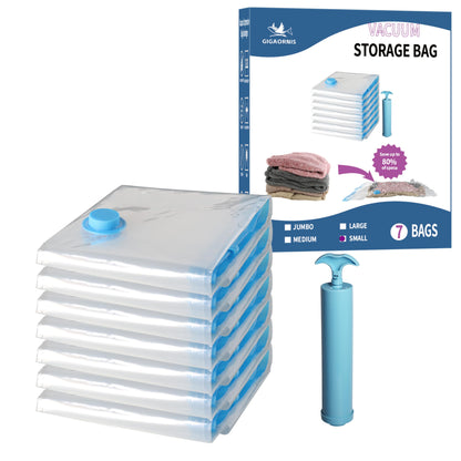 7 Pack Small Space Saver Vacuum Storage Bags for Clothing Travel, Vacuum Seal Compression Bags for Clothes, Packing, Luggage, Blankets, Comforters and Pillows, Hand Pump Included