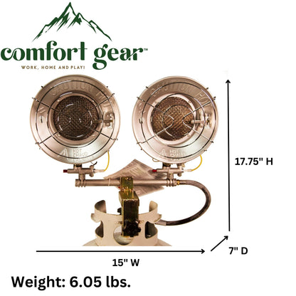Comfort Gear Double Tank Top Portable Propane Radiant Heater, 30,000 BTUs, Instant Infrared Heat, for Jobsite/Garage/Workspace, Up to 48 Hrs on 20 lb Tank, Outdoor Use Only