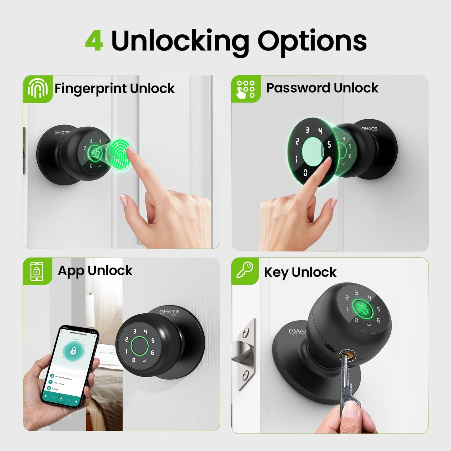 GHome Smart 4-in-1 Smart Door Knob Fingerprint Door Lock with Keypad, Biometric & App Control, Keyless Entry for Room, Garage, Office, Apartment, Local Data Storage