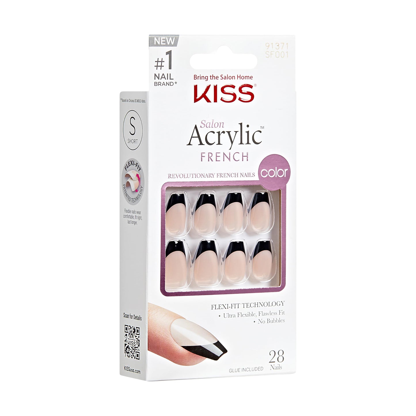KISS Salon Acrylic, Press On Nails, Nail glue included, 'Flame', Dark Black, Short Size, Coffin Shape, Includes 28 Nails, 2g glue, 1 Manicure Stick, 1 Mini File