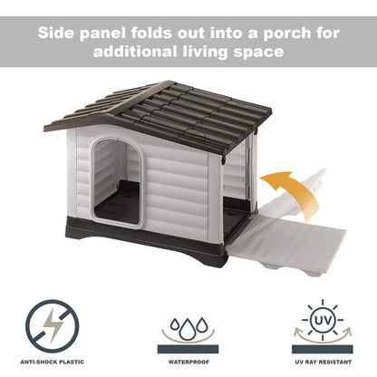 Ferplast Dog Villa Indoor and Outdoor Dog House for Small Dog Breeds, Measures 28.75L x 23.23W x 20.87H Inches, Ventilated with Patented Fold-Out Porch, Cream with Dark Brown Bottom, Part # 87253099